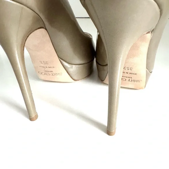 Jimmy Choo Crown Beige Khaki Patent Leather Peep Toe Platform Heels size 5.5 - Picture 11 of 16
